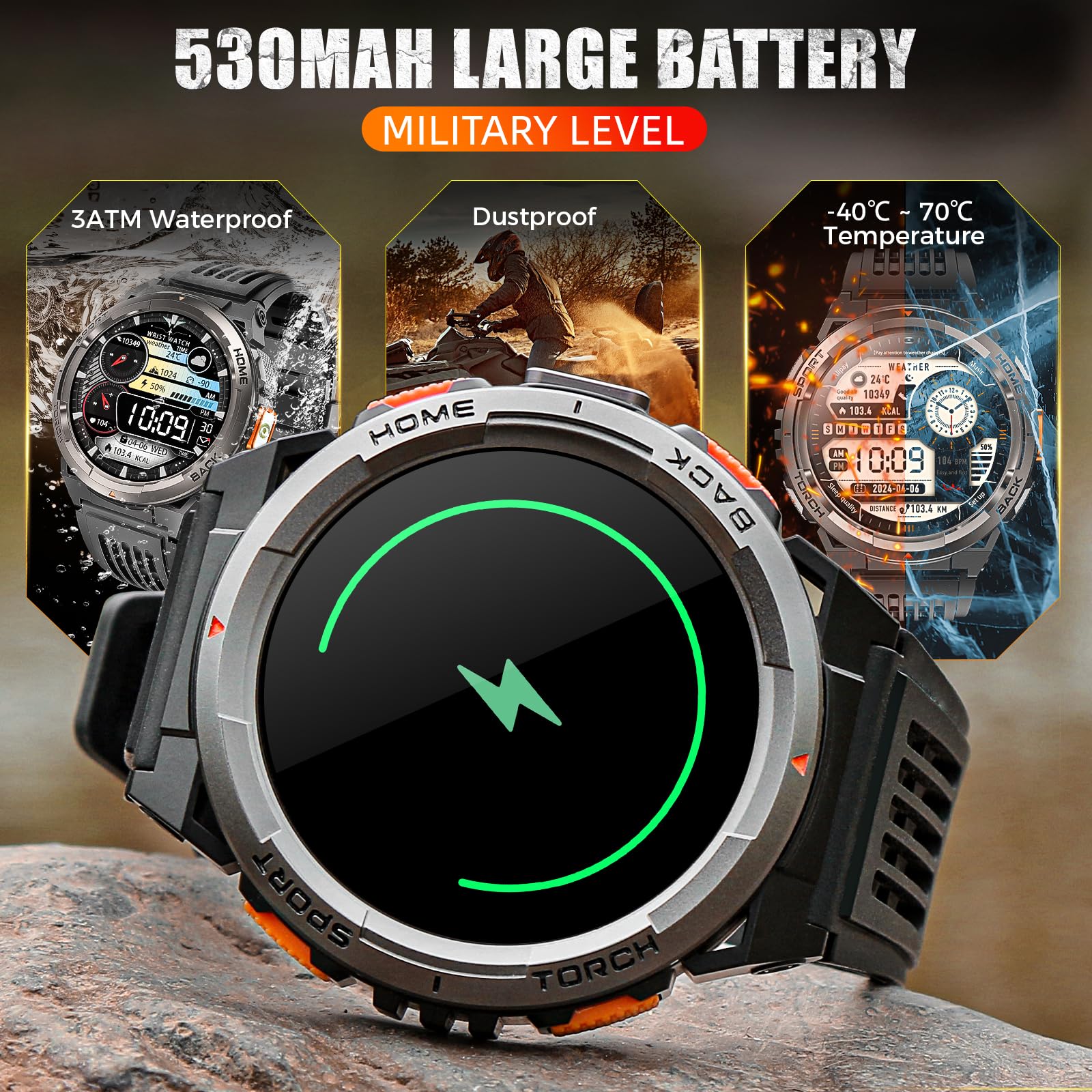Eigiis Ke5 Military Smart Watch For Men With Flashlight Sos 3Atm Waterproof Watch 530Mah Big Battery 1.45 '' Rugged Tactical Sma
